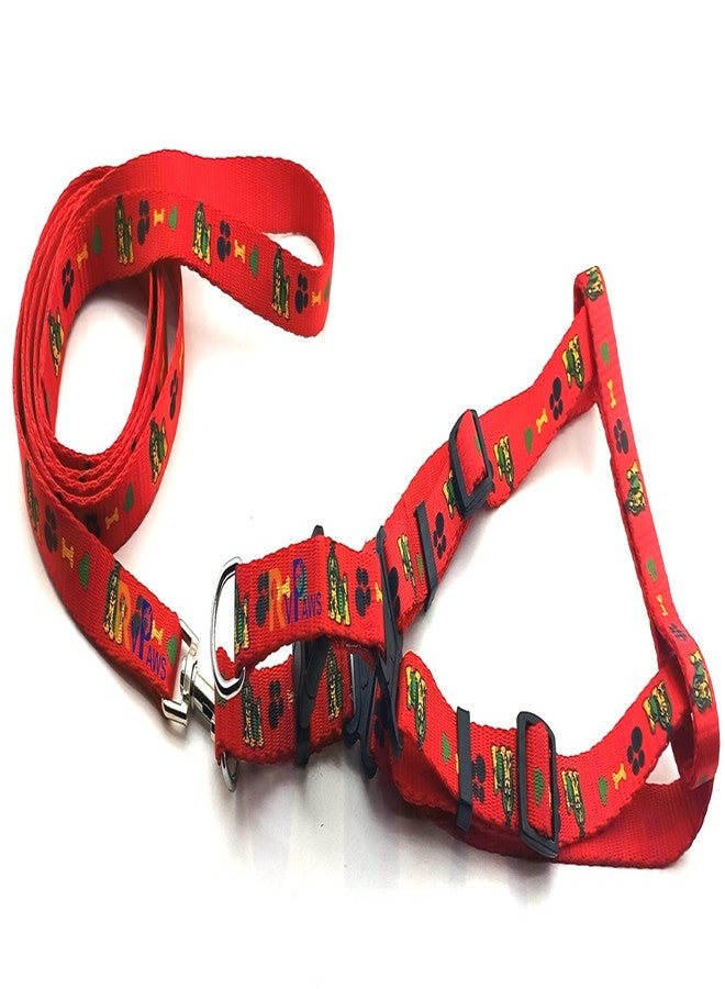 Pups&Pets 15 MM Soft Nylon Adjustable Bone Paw Printed Colourful Puppy Nylon Harness Set with Metal Hook Leash (Red) - Image 1